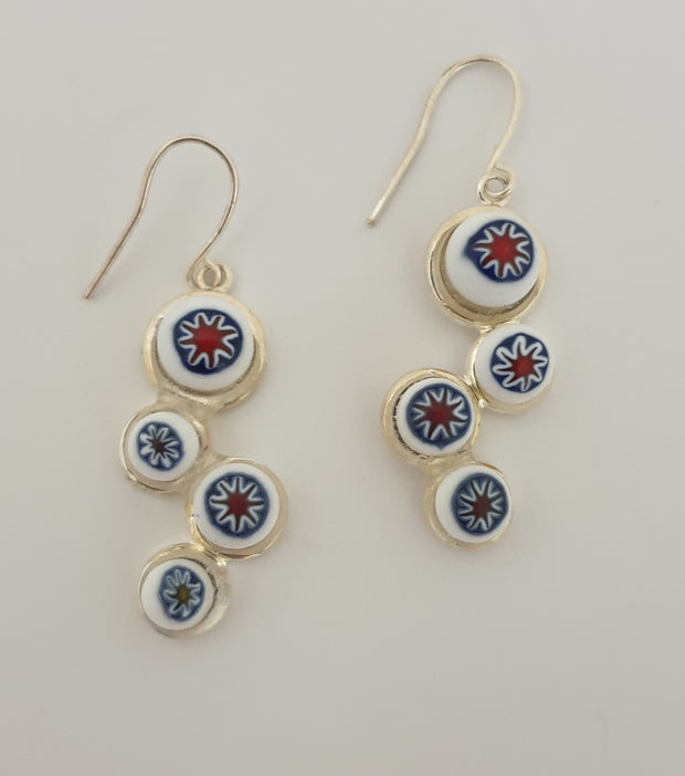 SOLD Earrings - Millefiori, Blue, Red & White Starburst Murrine  No.1007