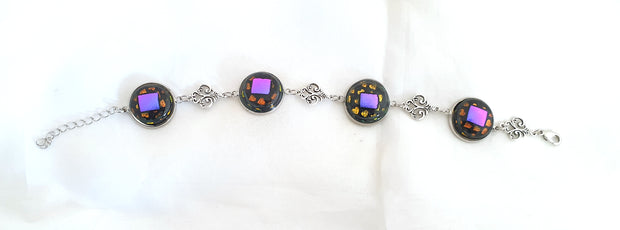 Antique Style Silvertone Filligree Bracelet with dichroic cabochons B15
