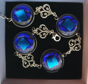 Antique Silver-tone Bracelet Blue Dichroic Cabochons B16