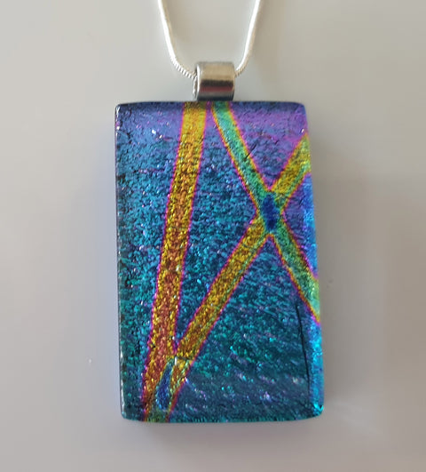 blue dichroic glass pendant with gold and green stripes on 44cm chain
