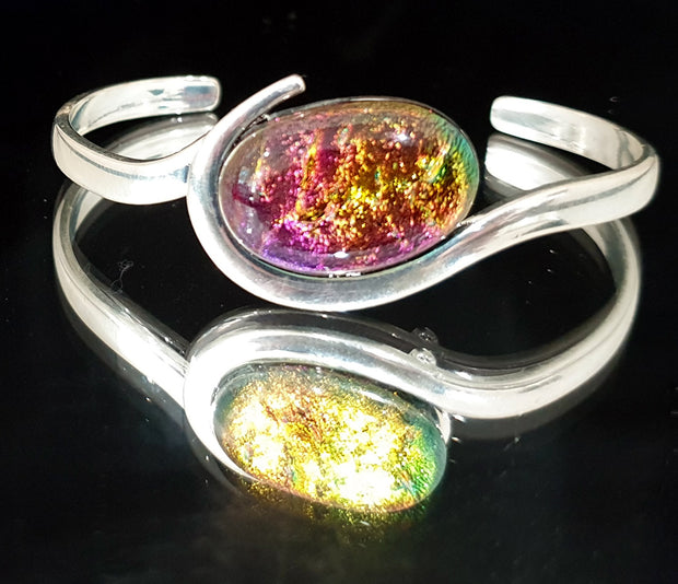 Silver Plated Wave Cuff Bracelet with Pink and Gold Dichroic Cabochon