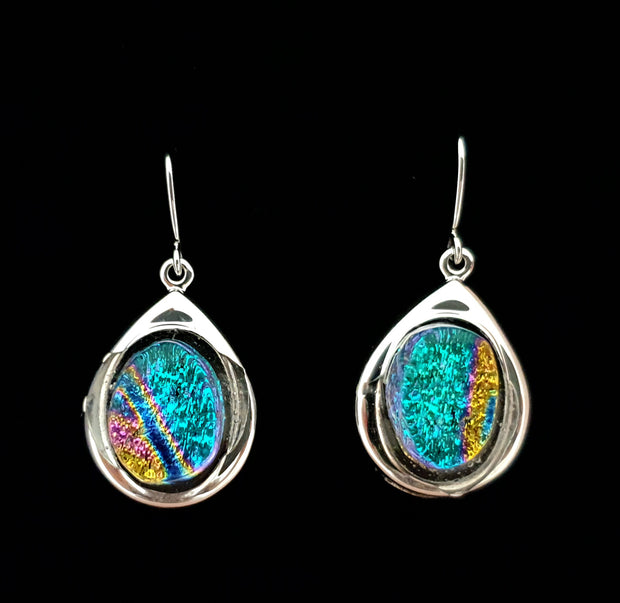 Silver-plated Teardrop Earrings with Turquoise, Blue and Gold Cabochon