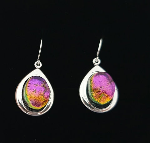 Silver Plated Teardrop Earring with pink, mauve and Gold Dichroic
