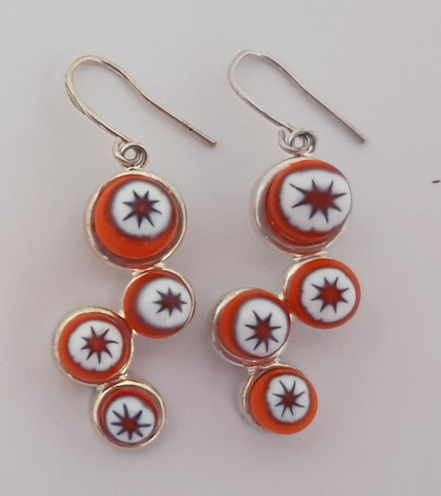 Stunning four pad drop earrings orange and white millifiori