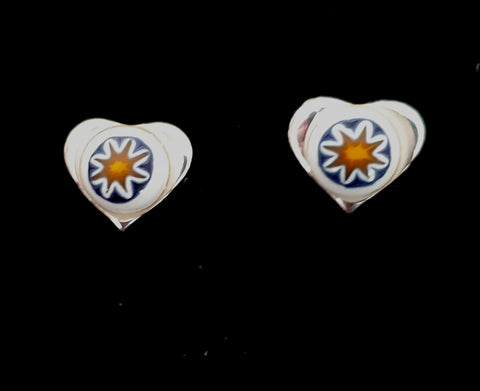 Heart shaped silver plated earrings with Murano Millefiori