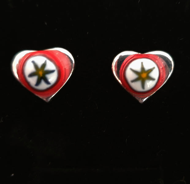 Silver plated small heart shaped earrings with millefiori setting