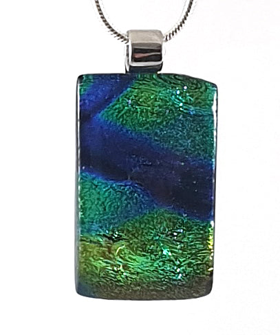 deep blue and green dichroic glass pendant 3.5cm x 2.5cm with 44cm chain