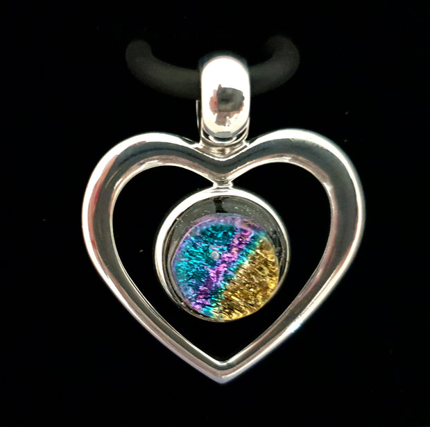 Stunning Heart Shaped  Silver Plated Dichroic cabochon Blue purple and gold