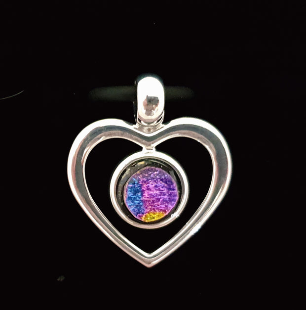 Stunning silver plated heart pendant with mauve, blue and gold cabochon