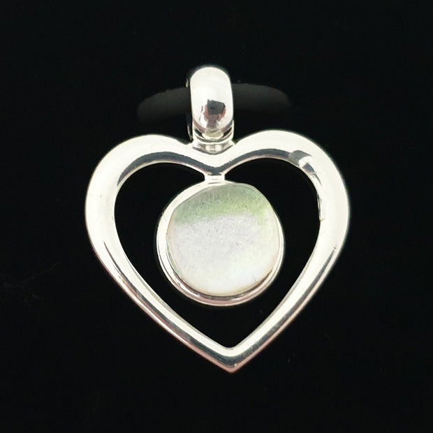 Silver plated Heart shaped pendant with pearlised dichroic cabochon SP7
