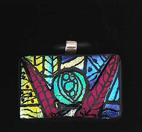 BOHO Style Dichroic Pendant - hand engraved zentangled glass Dramatic Glass Designs