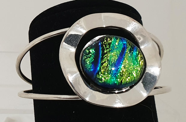 Stunning silver plated cuff bracelet green & blue dichroic