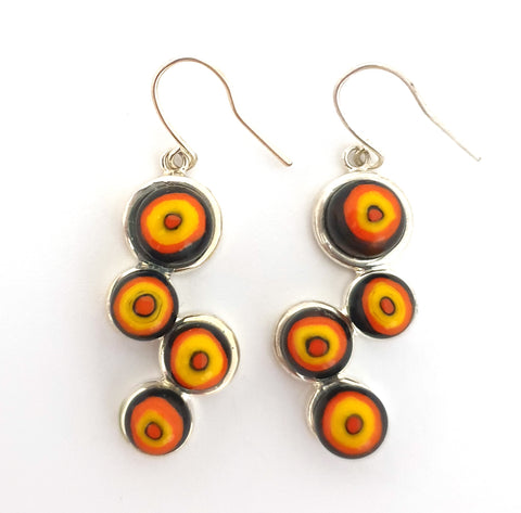 millefiori dangly earrings black orange and yellow
